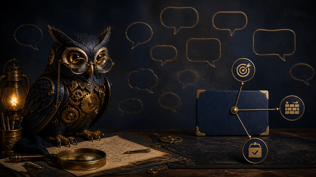 Loose brass speech bubbles gather around a single midnight-blue work card pinned to a clockwork desk.
