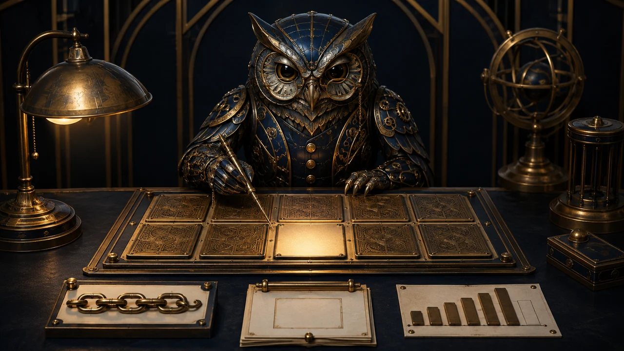 A clockwork owl at an evidence desk points to one deliberately blank brass plaque among ornate completed records.