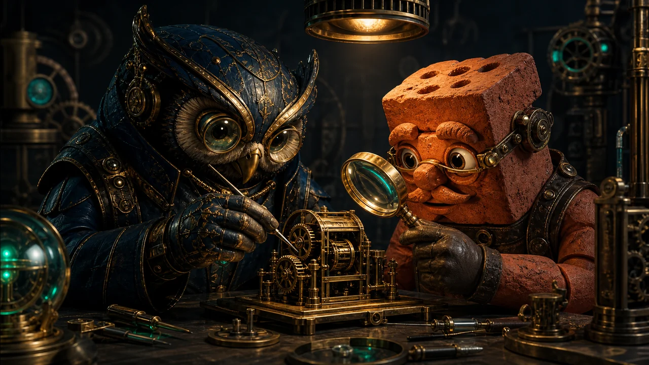 A terracotta mason and a clockwork owl examine a delicate brass mechanism under a focused workshop lamp.