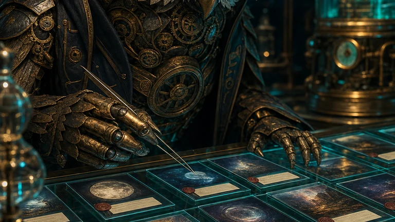 A clockwork owl curator stands beside a row of labeled image-canvas specimens, each pinned with its exact prompt, provider, and a SHA-256 fingerprint.