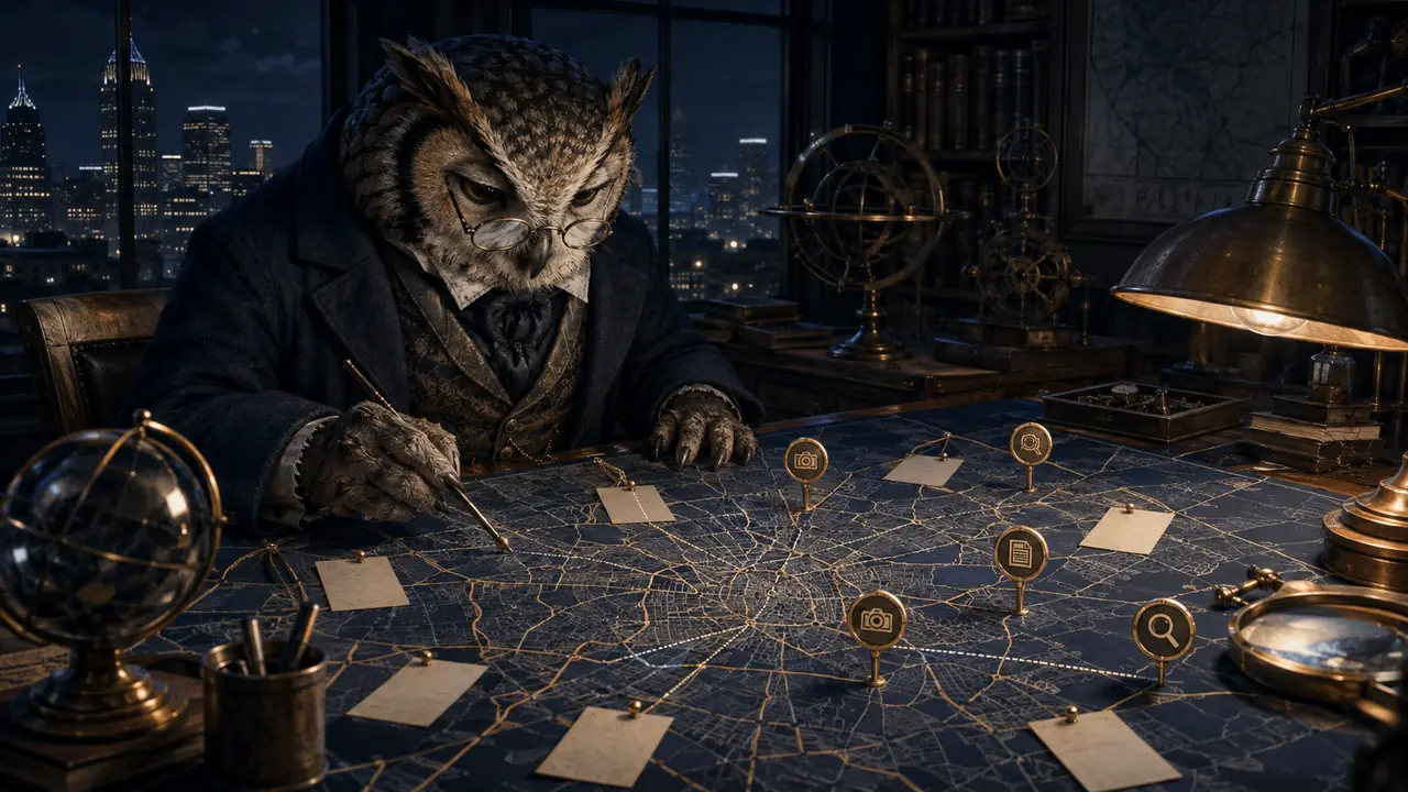 A clockwork owl archivist marks sources and honest blanks on a night map of metropolitan Atlanta.