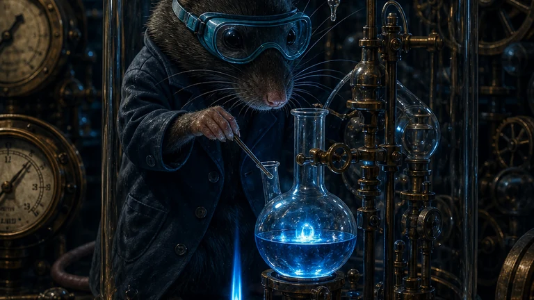 A charcoal lab mouse in cyan safety goggles watches a controlled blue flame under a glass observation dome.