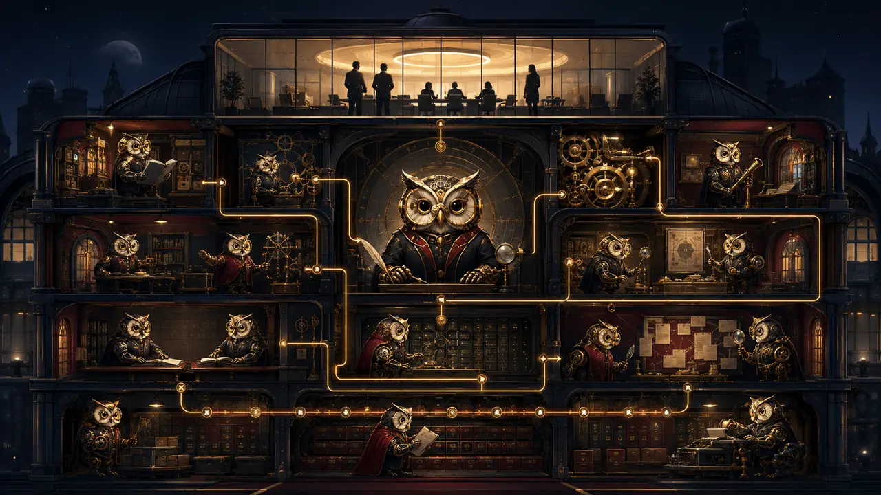 A structured company of clockwork owls works through brass review paths beneath human oversight.