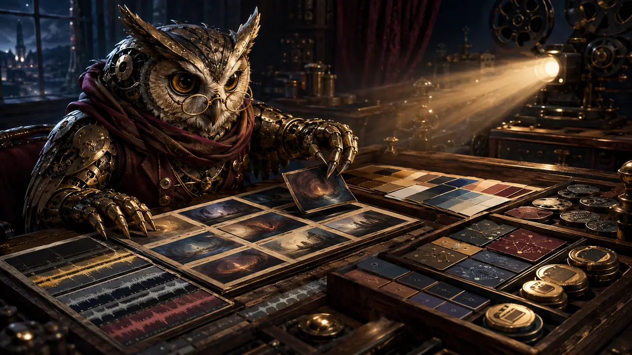 A clockwork owl producer organizes storyboards, audio, color, render nodes, and review gates at a cinematic workbench.
