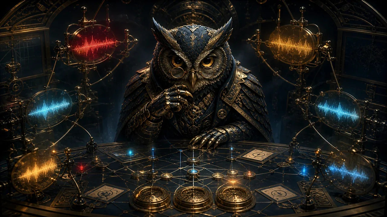 A midnight-blue clockwork owl studies a brass network of glowing radio traces at an evidence desk.