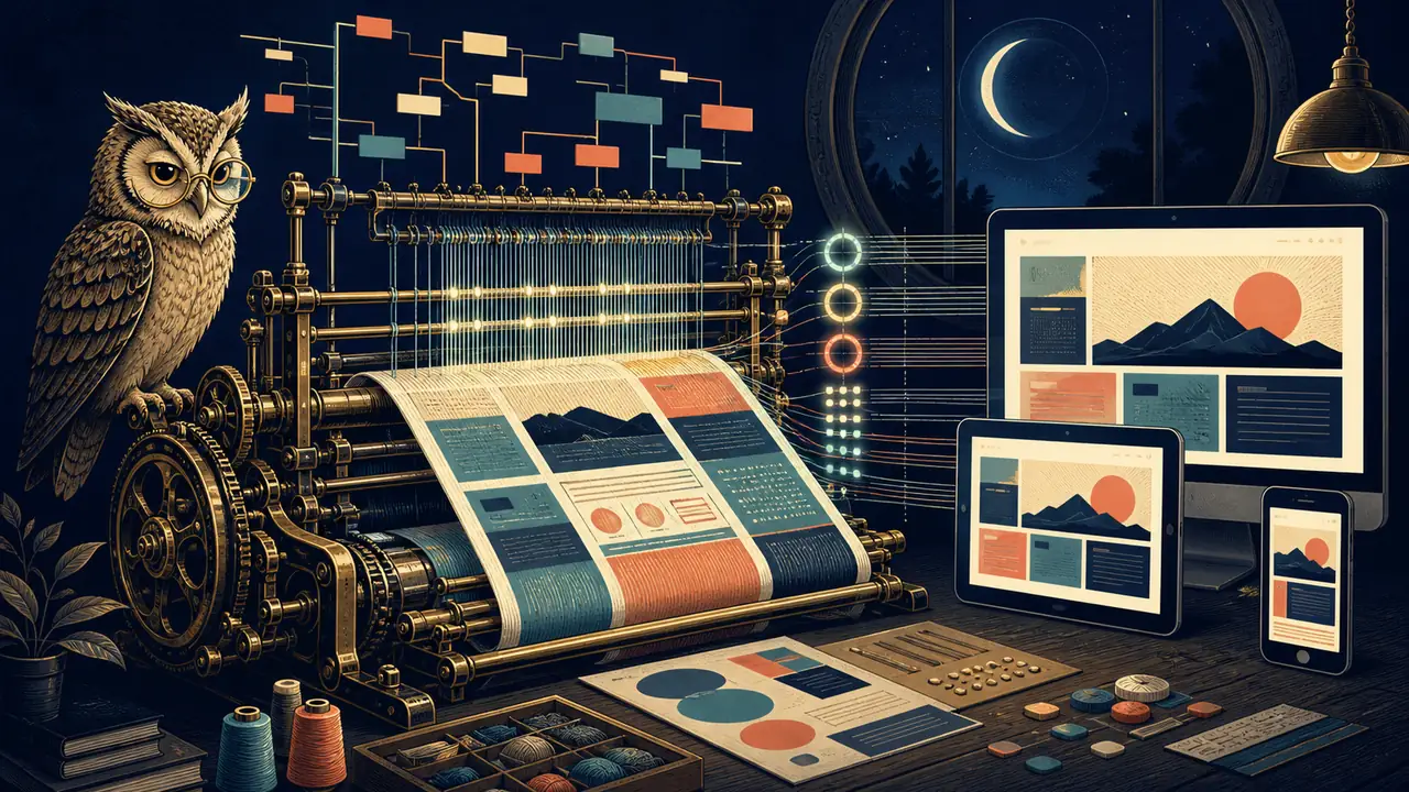 A clockwork owl inspects a brass loom weaving component trees into desktop, tablet, and mobile interfaces.