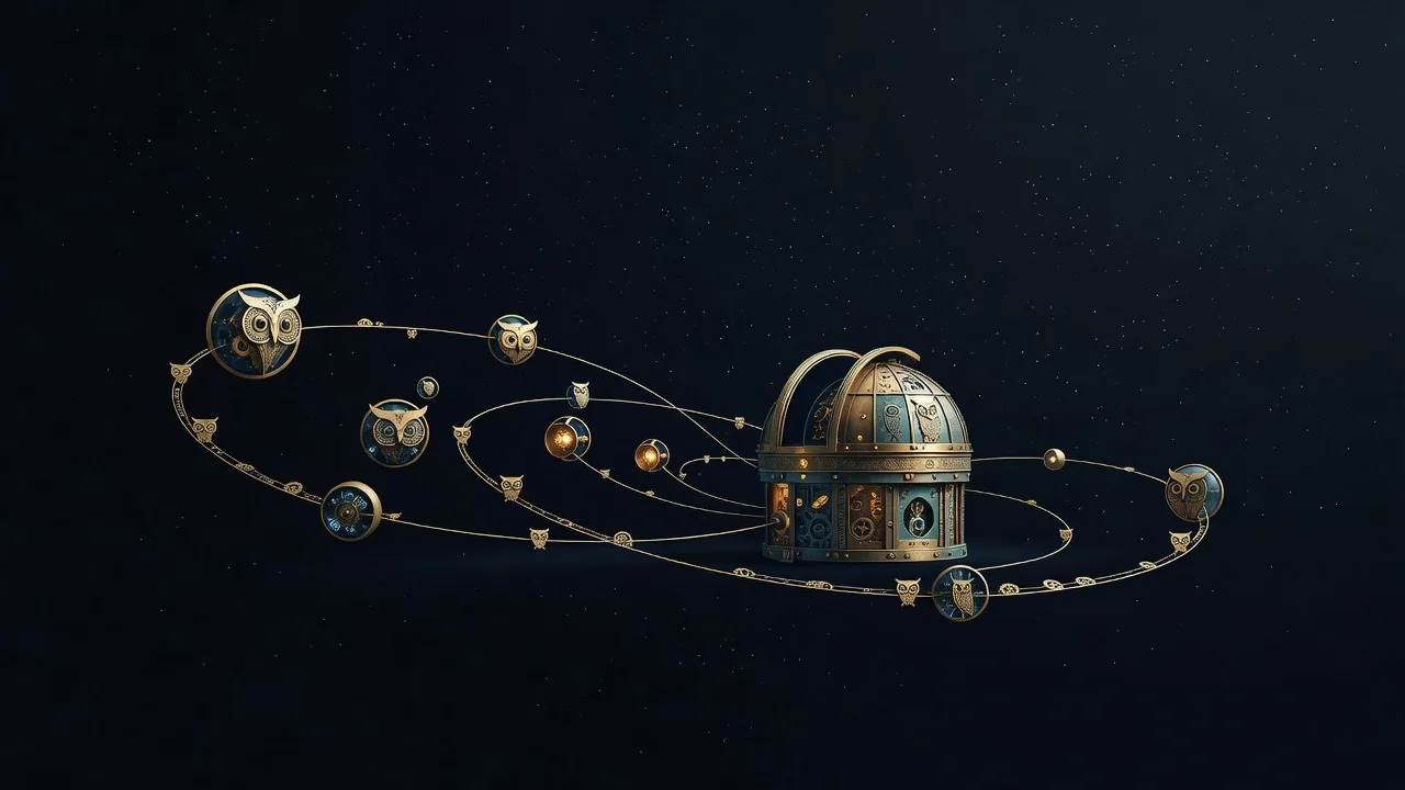 Independent community orbs follow signed brass trajectories around a federated network.