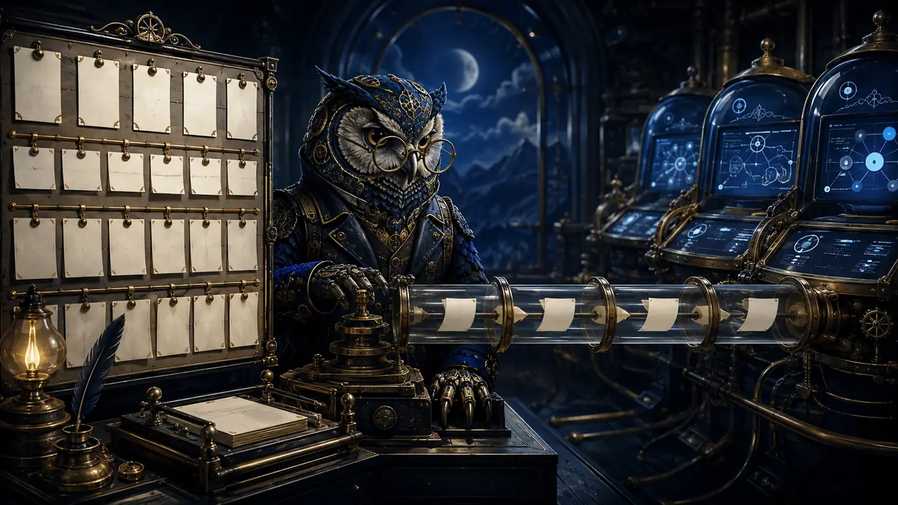 A clockwork owl connects a paper task board to orchestration terminals through an auditable brass desk.