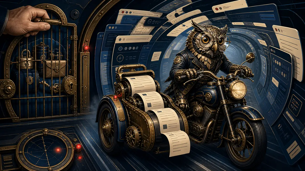 A clockwork owl drives a brass sidecar carrying audit receipts past a guarded credential vault.