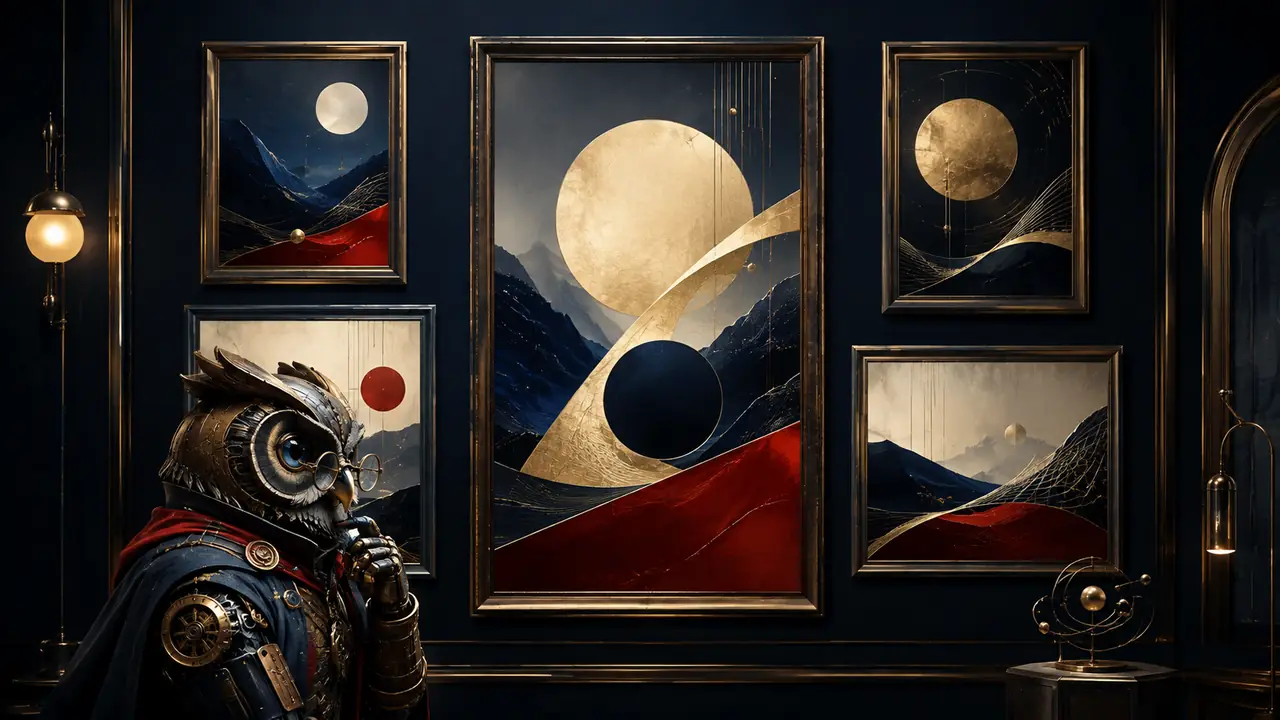 A clockwork owl curator studies luminous abstract works in a midnight-blue and brass gallery.