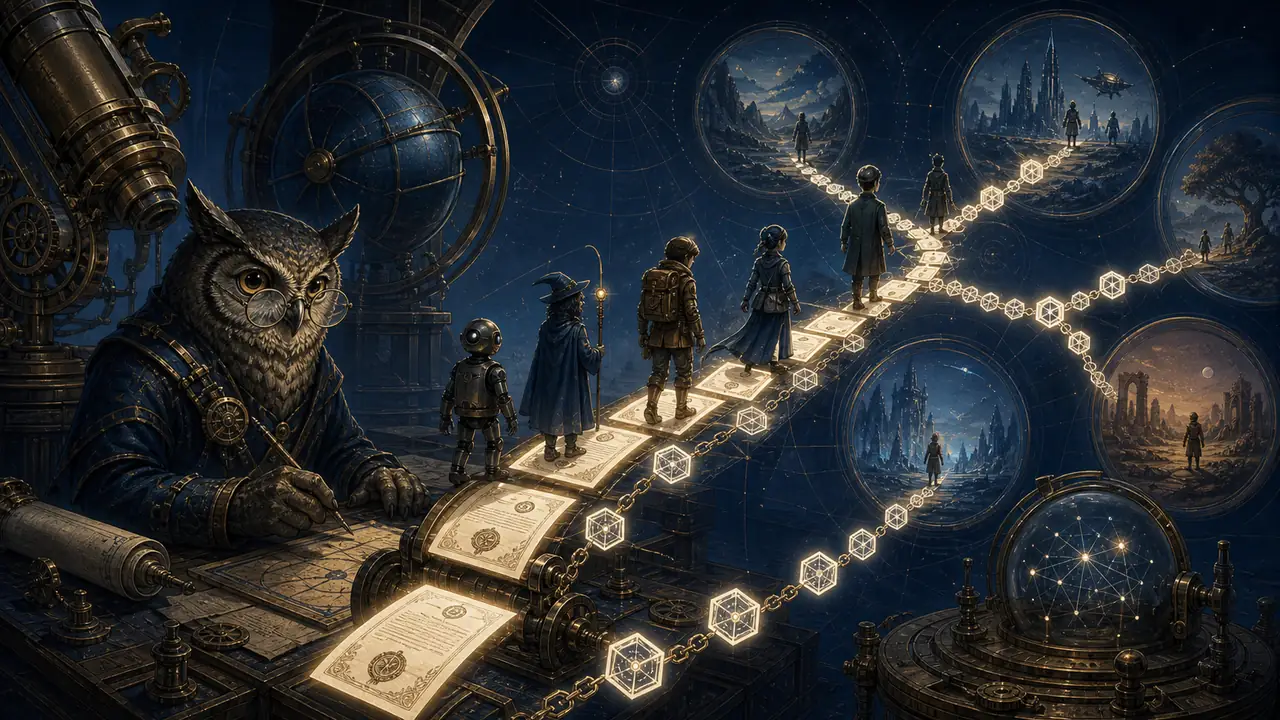 A clockwork owl records travelers crossing branching worlds on a luminous chained ledger.
